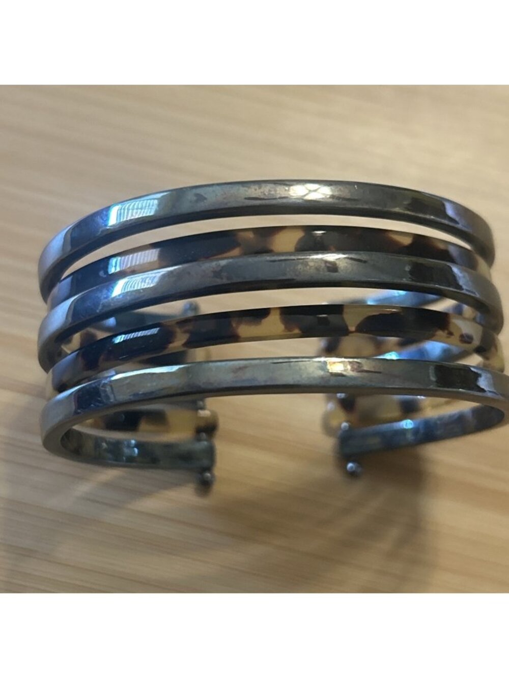 Liz & Co Cuff Bracelet Jewelry Dark Silver Tone With Leopard Print Preowned Smal